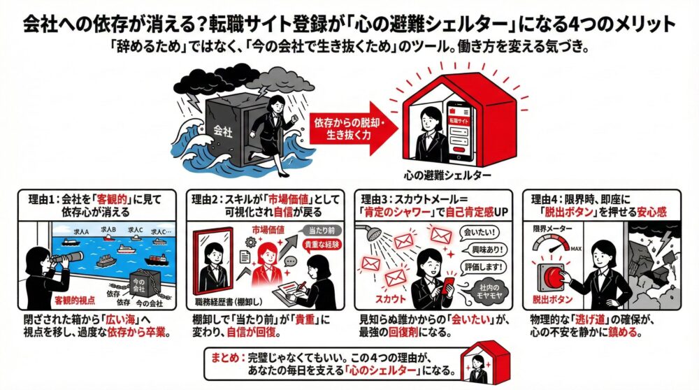 転職サイト登録を「心の避難シェルター」と定義し、会社への依存を脱却する4つのメリット（客観的視点、市場価値の可視化、スカウトによる自己肯定感向上、即座に押せる脱出ボタンの安心感）を図解。閉ざされた箱から広い海へ視点を移し、今の会社で生き抜くための心理的ツールとしての価値を解説したイラスト。
