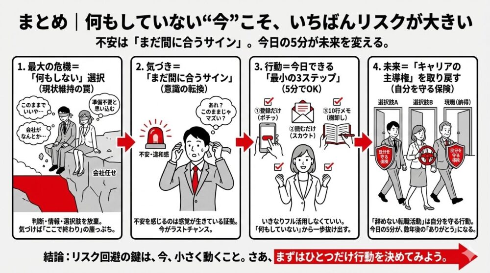 キャリアの危機回避と主導権を取り戻すための4ステップ図解。「何もしていない選択」から「気づき」「行動＝今できる最小の3ステップ」を経て「未来＝キャリアの主導権を取り戻す」へと至るプロセスを示しています。