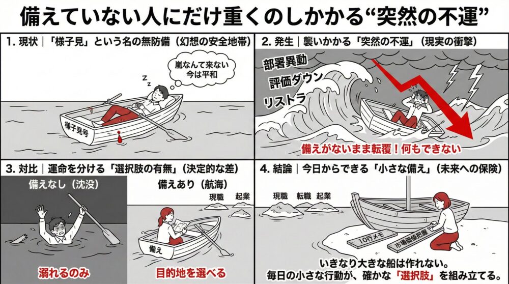 「備えていない人にだけ重くのしかかる突然の不運」を図解。「様子見」で眠る無防備な状態から、部署異動やリストラの波に襲われ、備えの有無で「溺れる」か「航海」するか運命が分かれる。結論として「10行メモ」など小さな備えが選択肢を組立てる