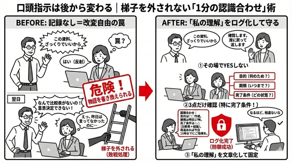 記録のない口頭指示で翌日に梯子を外される失敗例と、その場で即答せず「目的・期限・完了条件」の3点を確認し、自分の理解を文章（ログ）にして送ることで言った言わないの罠を防ぐ防御術を図解したイラスト
