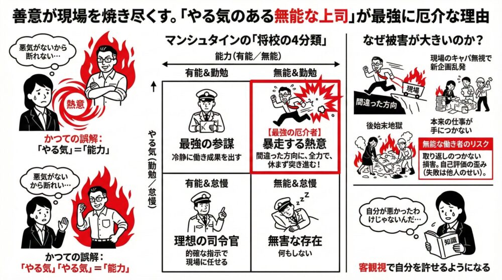 マンシュタインの「将校の4分類」を用い、無能かつ勤勉な上司が「最強の厄介者」として現場を混乱させるメカニズムを図解。悪意のない熱意が間違った方向への暴走、現場キャパ無視の企画乱発、後始末地獄を招くリスクと、客観視による自己肯定の重要性を伝えるイラスト