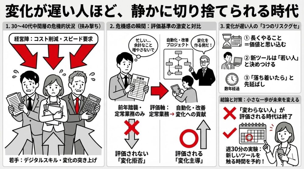 「変化が遅い人ほど静かに切り捨てられる時代」の図解。経営層からのコスト削減要求と若手からの変化の突き上げに挟まれる中間層の危機的状況、評価基準が変化への貢献に変わる様子、そして「週30分の実験」という対策