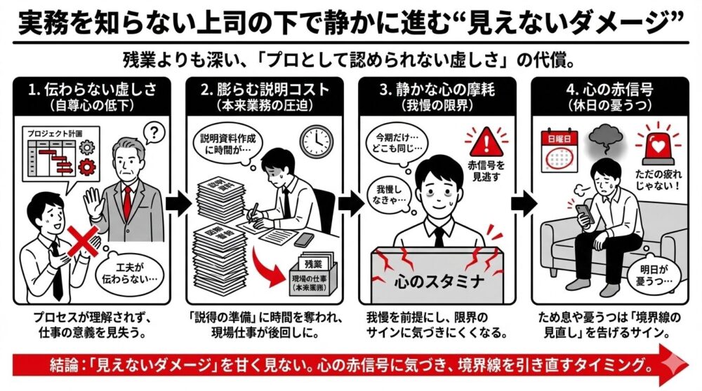 実務を知らない上司のもとでプロの虚しさと疲弊が深まる4段階のプロセス図解。「伝わらない虚しさ」「膨らむ説明コスト」「静かな心の摩耗(我慢の限界)」「心の赤信号(休日の憂うつ)」を経て、境界線の引き直しが必要となる状態までを描写しています。