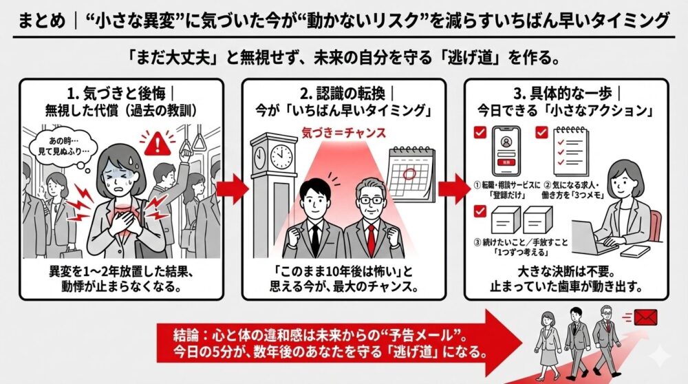 小さな異変に気づいた今が「動かないリスク」を減らす最速のタイミングというまとめフロー図。異変を放置し動悸が止まらなくなる過去の教訓から、「今が最大のチャンス」と認識を転換し、転職相談サービスへの登録や職務経歴書10行メモなどの小さなアクションで未来の自分を守る