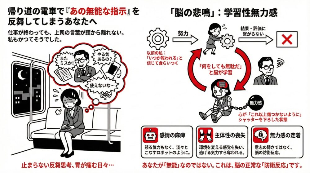 上司の言葉が頭から離れず消耗する状態から、努力が報われない経験の蓄積で脳が「何をしても無駄だ」と学習する「学習性無力感」のメカニズムと、感情の麻痺や無力感の定着という防衛反応を解説したイラスト