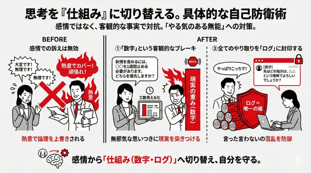「やる気のある無能」な上司への対策として、感情的な訴えを熱意で上書きされる状態から、客観的な事実で対抗する「仕組み」への切り替えを図解。工数を可視化した「数字」というブレーキをかけ、全てのやり取りを「ログ」に記録して言った言わないの混乱を防ぐ、自己防衛の実践術を解説したイラスト