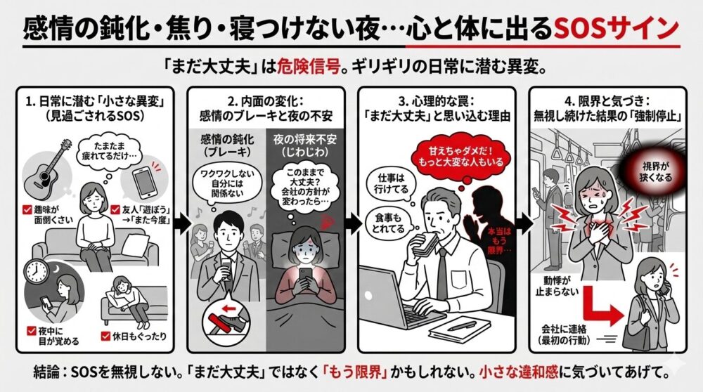 「心と体に出るSOSサイン」のフロー図。趣味の面倒さや夜中の目覚めなどの小さな異変から、感情の鈍化や夜の不安を経て、「まだ大丈夫」と心理的な鎧をまとうも限界に達し、動悸や視界狭窄などの強制停止サインに至る。結論は「SOSを無視しない」