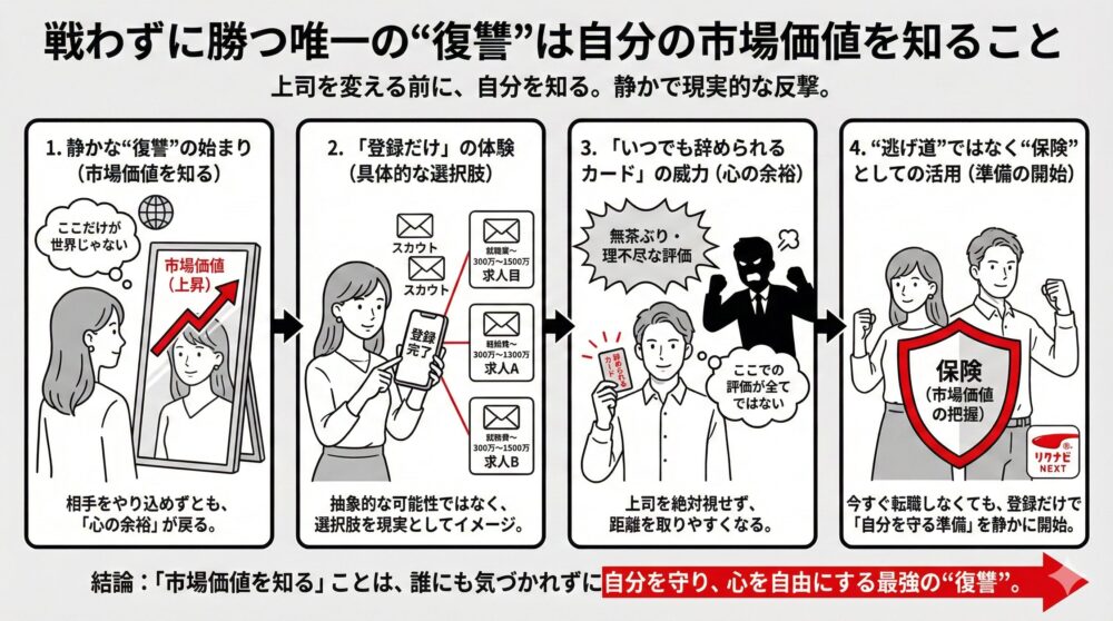 上司を変えるよりも市場価値を知ることで自分を守る「静かな復讐」の4ステップ図解。市場価値の把握から登録活動、心の余裕の獲得、保険としての活用までを描き、「市場価値を知る」ことの重要性を結論としています。
