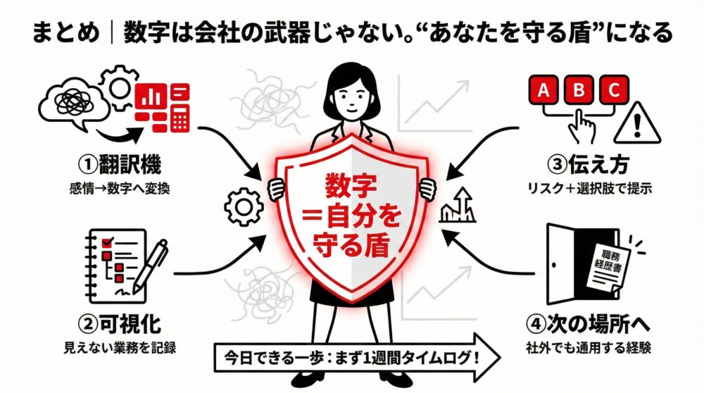 「数字＝自分を守る盾」を中心に、感情の数値化（翻訳機）、見えない業務の記録（可視化）、リスクと選択肢の提示（伝え方）、社外で通用する経験（次の場所へ）の4ステップをまとめた図解イラスト