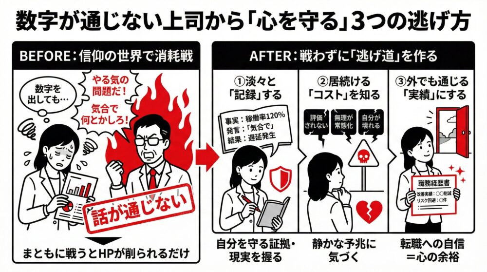 数字を示しても根性論で返す上司に対し、消耗戦を避けて「事実を淡々と記録する」「居続けるコストを知る」「外でも通じる実績にする」という3つの逃げ道で心を守る方法を図解したイラスト