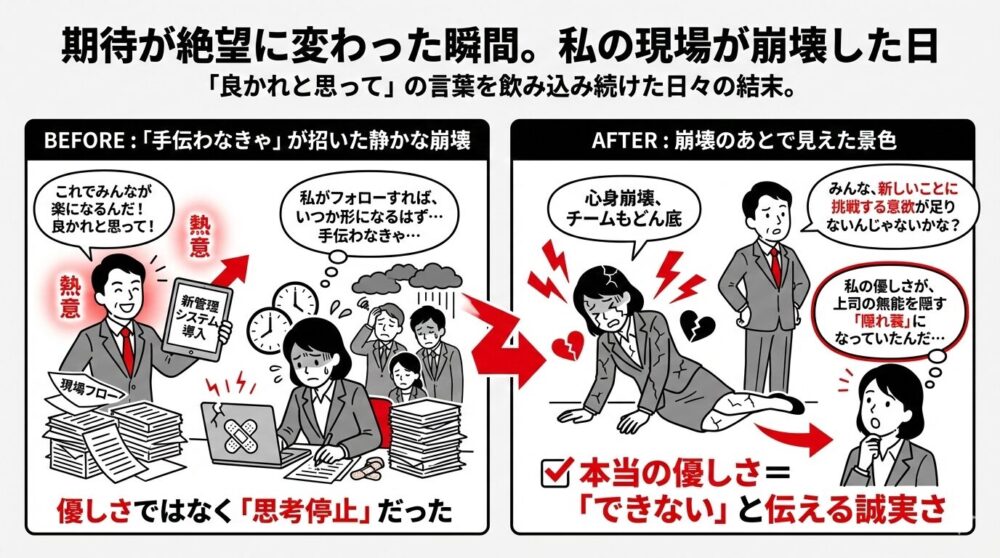 「良かれと思って」の熱意が現場の静かな崩壊を招く失敗例と、その後の気づきを図解。過剰なフォローが上司の無能を隠す「隠れ蓑」になっていた現実に直面し、本当の優しさとは「できない」と伝える誠実さであると悟るプロセスを描いたイラスト