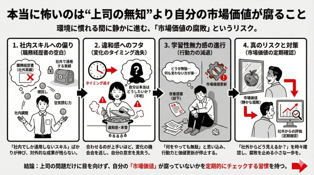 上司の無知よりも怖い「市場価値の腐敗」というリスクを回避するための4段階図解。社内スキルへの偏りから、違和感へのフタ、学習性無力感の進行を経て、市場価値を定期確認する対策の重要性を説明しています。