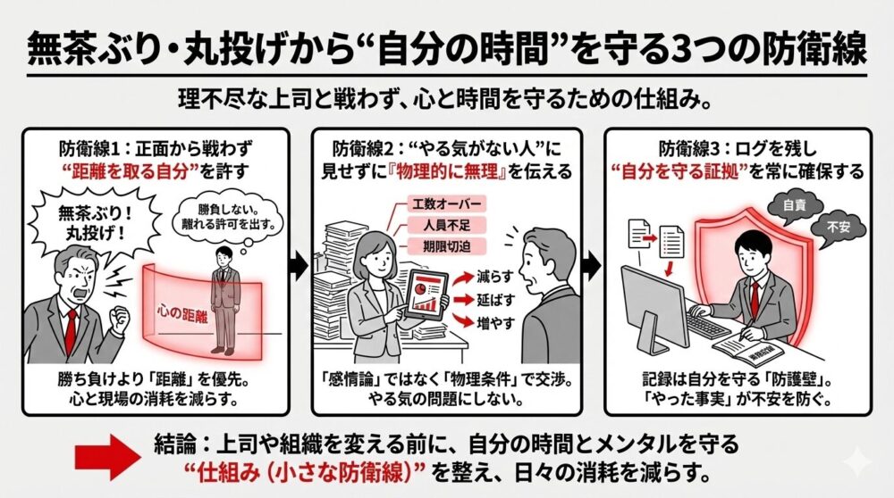 理不尽な上司から心と時間を守るための「3つの防衛線」を図解。「距離を取る」「物理的な無理を伝える」「ログを残し自分を証明する」という具体的な仕組みを紹介し、消耗を減らすことの重要性を結論としています。