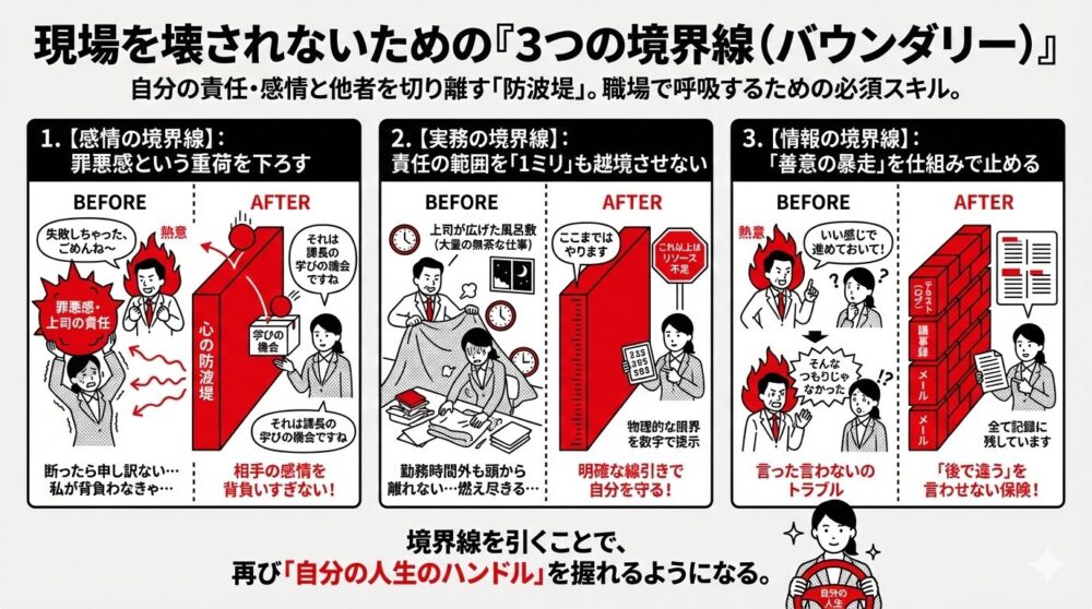 自分の責任・感情と他者を切り離す3つの境界線（バウンダリー）を図解。①罪悪感を背負わず相手の感情を切り離す「感情の境界線」、②物理的な限界を数字で提示し責任の範囲を明確にする「実務の境界線」、③全てを記録に残し言った言わないを防ぐ「情報の境界線」のビフォーアフターを解説したイラスト