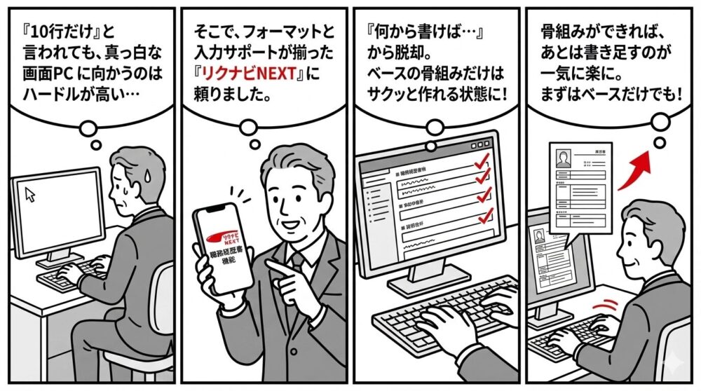 職務経歴書作成の4コマ漫画。「10行だけ」と言われても白紙のPCに向かうのはハードルが高い男性が、リクナビNEXTの入力サポート機能で骨組みを作成。ベースができれば一気に楽になり書き足す作業に集中できる