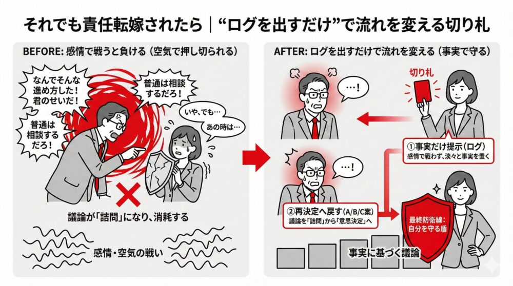 感情的な責めに対し「事実（ログ）」という切り札を提示することで、議論を消耗する「詰問」から建設的な「再決定（意思決定）」へと引き戻し、自分を守る最終防衛線を図解したイラスト