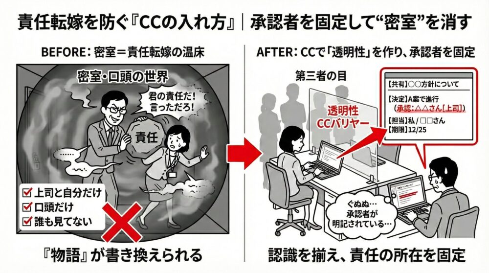 密室・口頭のやり取りで責任を押し付けられる「物語の書き換え」を防ぐため、メールのCCに第三者を入れて透明性を作り、承認者と責任の所在を明確に記録（CCバリヤー）して自分を守る方法を図解したイラスト