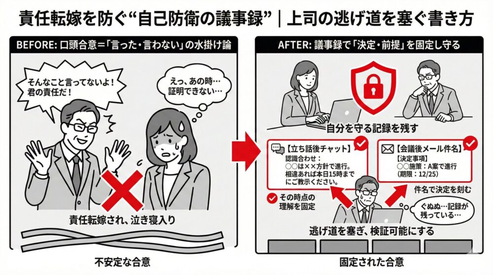 口頭合意で証拠がなく責任転嫁される「不安定な合意」から、立ち話後のチャットや会議後のメールで決定事項を固定し、上司の逃げ道を塞いで自分を守る「固定された合意」への転換を図解したイラスト