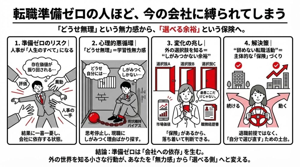 転職準備ゼロの人が会社に縛られるフロー図。準備ゼロのリスクで存在価値が人事の手で振り回され、無力感に囚われる悪循環から、「辞めない転職活動」で主体的な「選べる余裕」という保険をつくる解決策へ