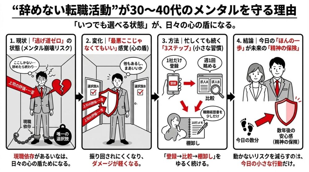 30〜40代のメンタルを守る「辞めない転職活動」を解説するインフォグラフィック。現職依存によるメンタル崩壊リスクを、「いつでも選べる状態」で防ぎ、1社登録、週1回眺めるなどの小さな習慣で精神の保険にする4つのステップ図解。