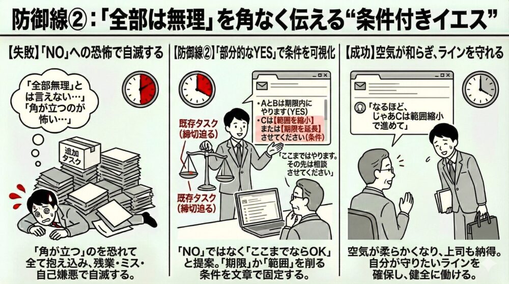 追加タスクに対し「NO」を恐れて全て抱え込み疲弊する失敗例と、「ここまでならOK」と期限や範囲を調整する条件付きYESで交渉し成功する対応を図解したビジネスイラスト
