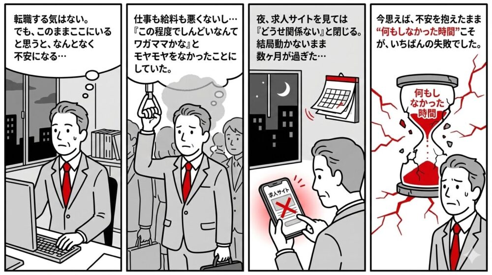 0〜40代の隠れ停滞フロー図。日常に埋没する「いつか」のサイクル、外見は順調でも内面は不安な「幕の綱引き」、変化への恐怖から機会を逃す理由と、「一度持ち帰って考える」という次のステップへ進むための小さなルール