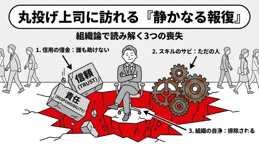 仕事を丸投げする上司が将来直面する「3つの喪失」を組織論で解説した図解。1.誰も助けてくれなくなる「信用の借金」、2.実務能力を失い市場価値がなくなる「スキルのサビ」、3.最終的に組織から不要とされる「組織の自浄」という末路を描写。足元が崩落し孤立する上司と、周囲を歩き去る部下たちの対比。