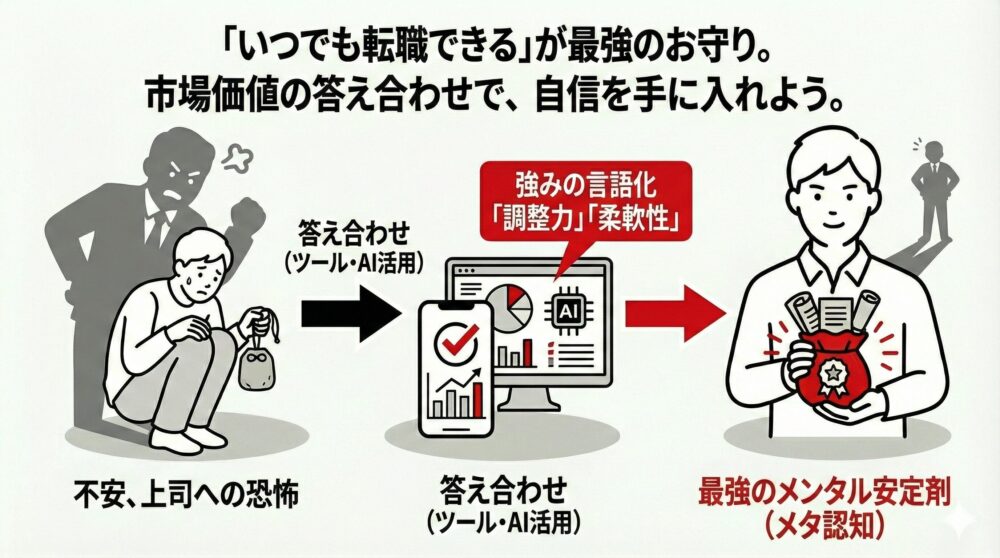 「いつでも転職できる」という自信が最強のメンタル安定剤になることを示す図解。上司への恐怖や不安を抱える状態から、ツールやAIを活用して自分の強み(調整力・柔軟性)を言語化し、市場価値を客観視することで自信を手に入れるプロセスを描写。