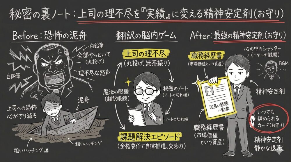 上司の理不尽を実績に変える生存戦略の図解。丸投げや怒声に怯える泥舟の状態から、脳内での翻訳ゲームを経て、泥臭い経験を職務経歴書に刻む勲章へ。いつでも辞められるという最強の精神安定剤を持ち、心のシャッターで自分を守るマインドセットを解説している。
