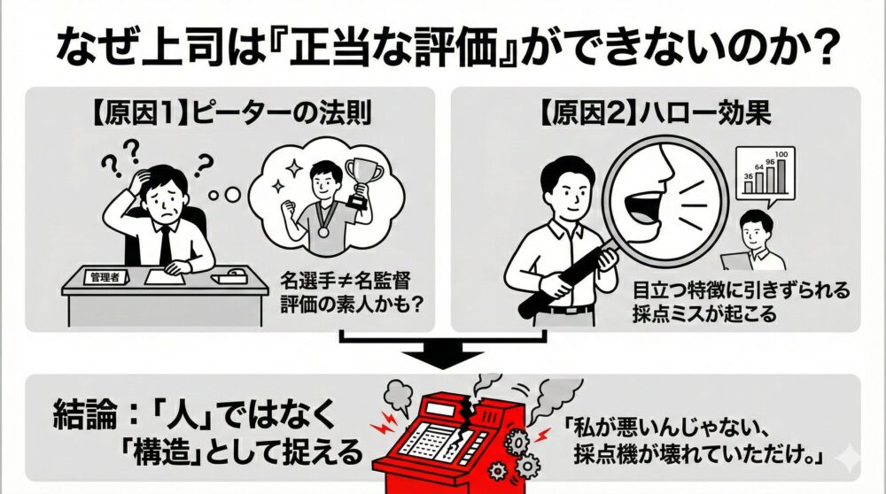 上司が正当な評価をできない理由を図解。「ピーターの法則（無能レベルまでの昇進）」と「ハロー効果（目立つ特徴への引きずられ）」の2つの原因を挙げ、評価ミスを個人の資質ではなく「壊れた採点機」のような構造的問題として捉える考え方を提示。