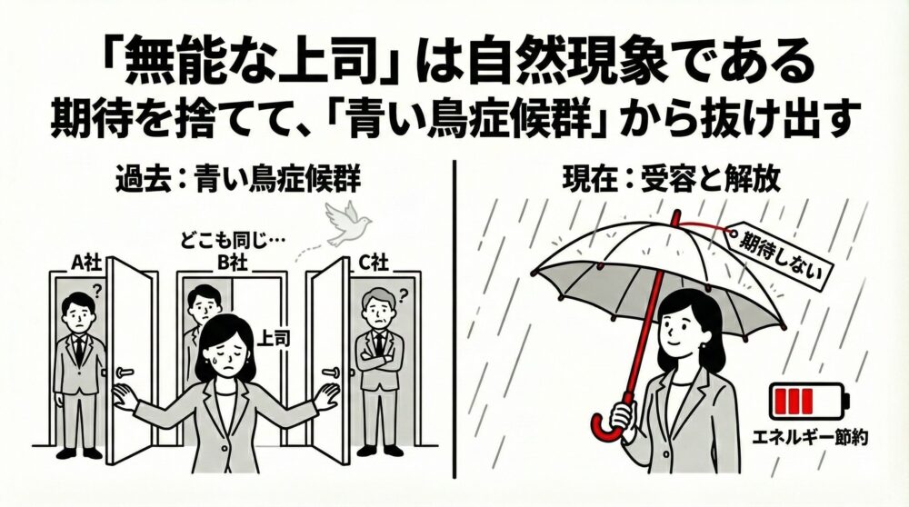 「無能な上司」を自然現象として受け入れ、期待を捨てるマインドセットの図解。理想の上司を求めて転職を繰り返す「過去：青い鳥症候群」の状態から、雨の中で「期待しない」という傘を差し、エネルギーを節約する「現在：受容と解放」への変化を描写。