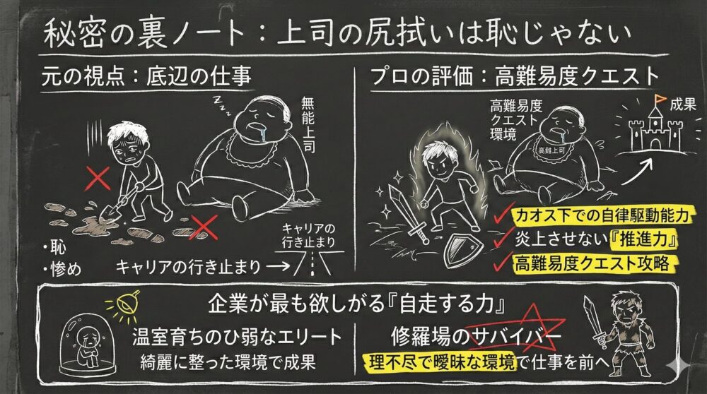 無能な上司の尻拭いを「底辺の仕事」と卑下する視点から、企業が欲しがる「高難易度クエストを攻略する自走力」と再定義する図解。理不尽で曖昧な環境でも仕事を前に進める推進力を、修羅場のサバイバーとしてポジティブに評価するマインドセットをイラストで解説している。