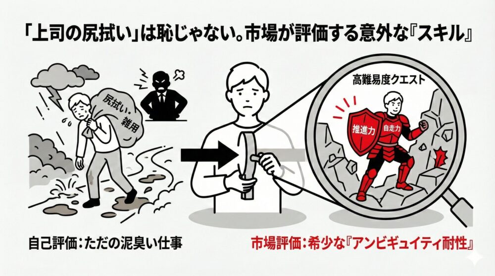 「上司の尻拭い」は恥じゃない。市場が評価する意外な『スキル』。自己評価では「ただの泥臭い仕事」に見える雑用が、市場評価では「アンビギュイティ耐性(不確実な状況への対応力)」という希少なスキルとして評価されることを示す比較図解。