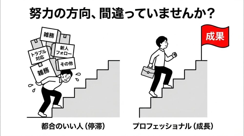 「努力の方向」の違いによる成長の差を図解。雑務やトラブル対応を抱え込み階段を登れない「都合のいい人（停滞）」と、身軽に成果という旗を目指して階段を駆け上がる「プロフェッショナル（成長）」を対比させたイラスト。