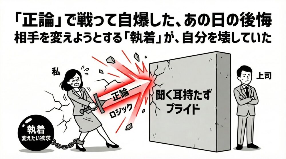相手を変えようとする「執着」の危うさを描いた図解。足枷（執着）を引きずりながら「正論・ロジック」という剣で、上司の「聞く耳持たず・プライド」という巨大な壁を壊そうとして、自分自身がボロボロに疲弊（自爆）している後悔の場面を描写。