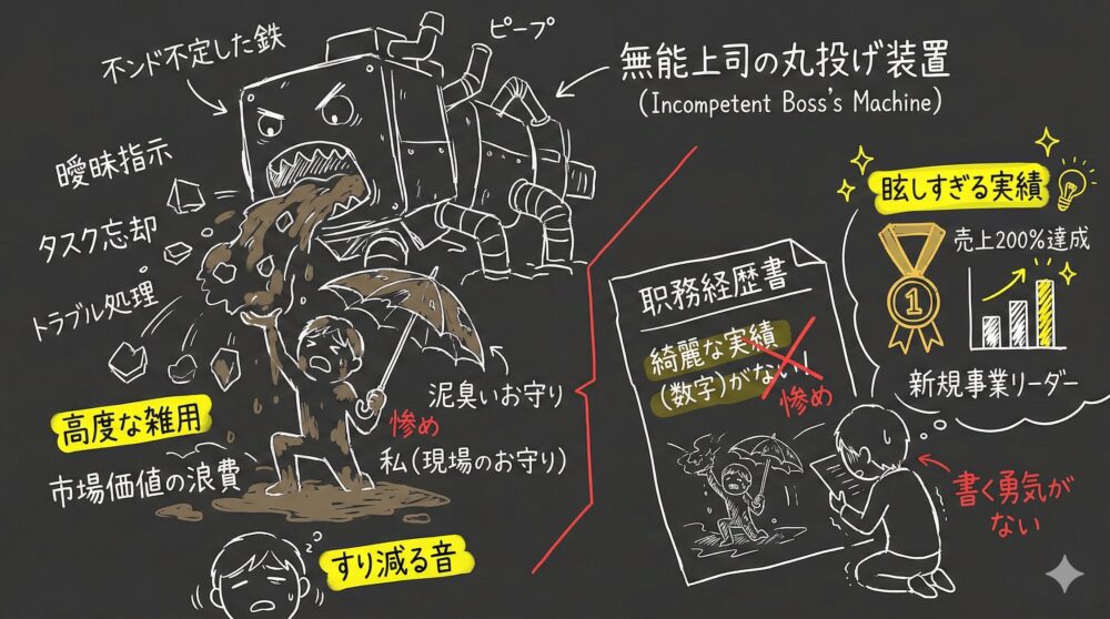 無能な上司の丸投げによる曖昧な指示やトラブル処理に追われ、高度な雑用で市場価値を浪費する様子を描いた図解。具体的な実績を残せず職務経歴書を前に絶望する姿を通じ、現場のお守り役に徹する残酷さとキャリアへの弊害をイラストとテキストで分かりやすく表現している。