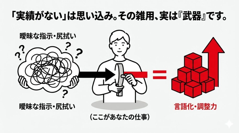 「実績がない」は思い込み。その雑用、実は『武器』です。曖昧な指示や尻拭いという混沌としたタスクを、自分の仕事を通して「言語化・調整力」という実績の積み木に変換し、キャリアを向上させるプロセスを描いた図解。