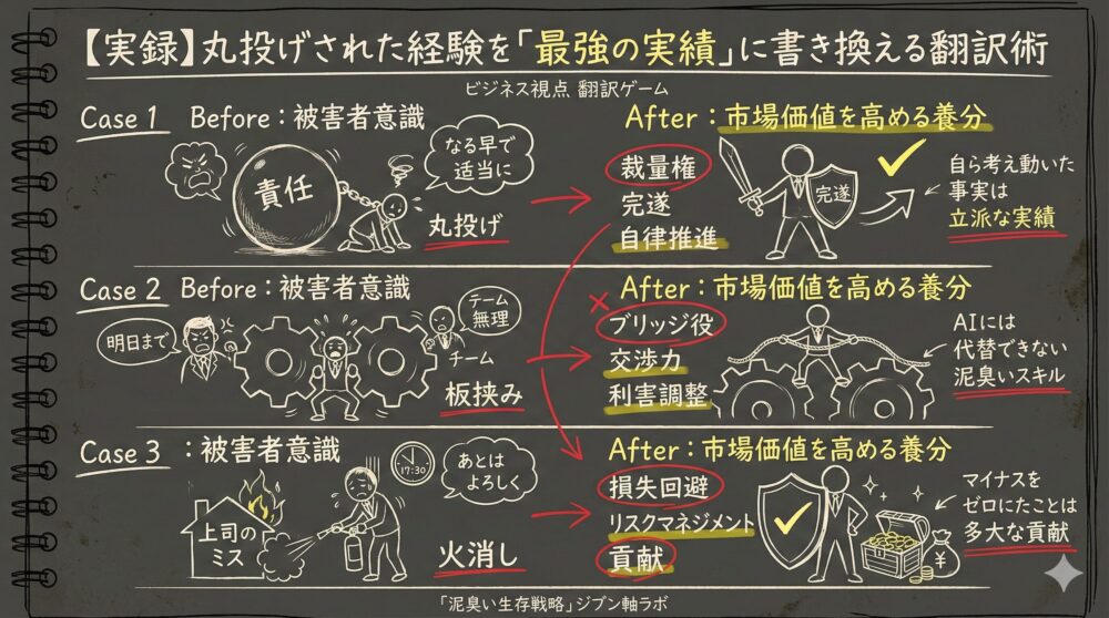丸投げや板挟み、火消しといった負の経験を市場価値を高める実績へ書き換える翻訳術の図解。被害者意識を捨て、自律的な完遂力や利害調整、リスクマネジメント力として再定義。泥臭い経験をAIに代替できないスキルや多大な貢献へとポジティブに昇華させるマインドセットを解説している。
