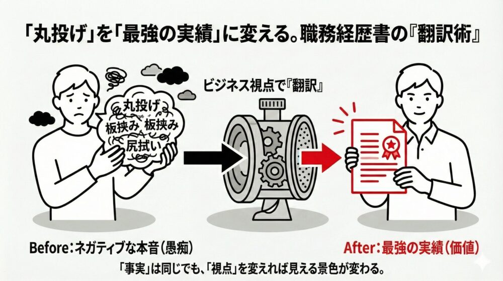 「丸投げ」を「最強の実績」に変える職務経歴書の『翻訳術』。左側にネガティブな本音(丸投げ、板挟み、尻拭い)、中央にビジネス視点の翻訳機、右側に「最強の実績」として価値化された書類を持つ人の対比を描いた図解。