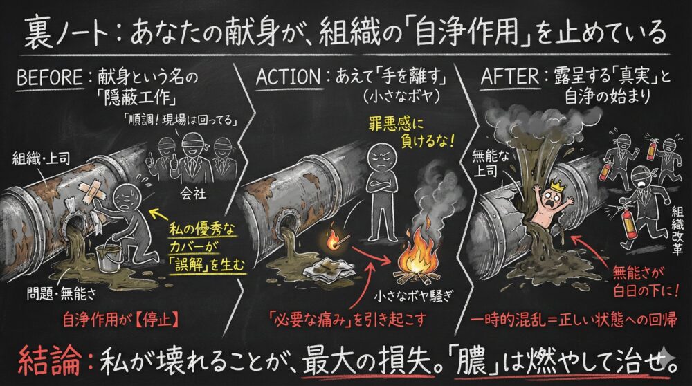過剰な献身が組織の自浄作用を妨げるリスクを描いた図解。問題を隠蔽するカバーを辞め、あえて不備を露呈させることで無能な上司や組織の欠陥を白日の下に晒す過程を表現。自分が壊れる最大の損失を防ぎ、正しい状態へ回帰するための生存戦略としての手を離す重要性を強調している。