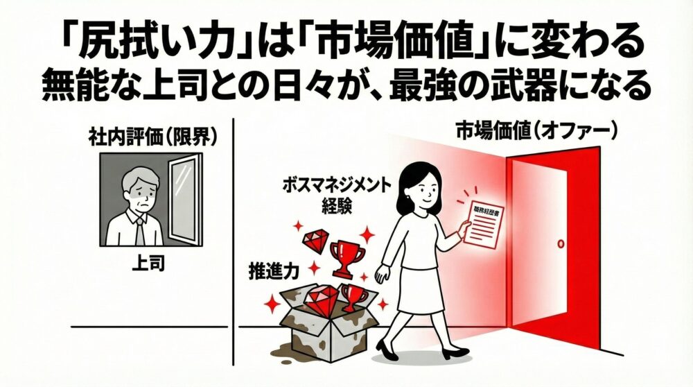 無能な上司の尻拭いを「市場価値」へ転換する図解。社内評価に限界を感じる現状から、ボスマネジメント経験や推進力という実績（宝石）を積み上げ、職務経歴書を手に新しい市場への扉を開く、ポジティブなキャリアの出口を解説。