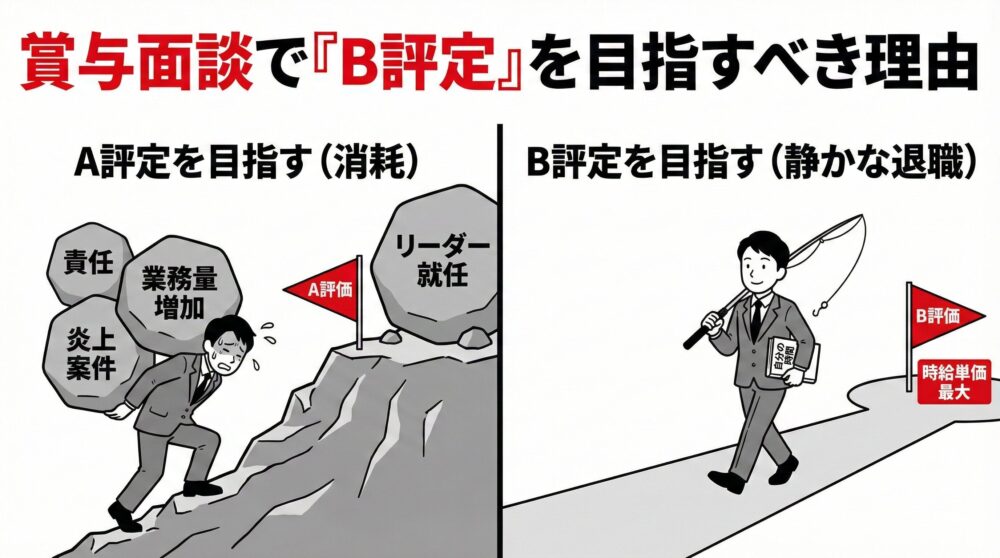 賞与面談で『B評定』を目指すべき理由。A評定を目指して責任や業務量、炎上案件に消耗する「険しい山登り」と、B評定を目指して『自分の時間』を確保し、時給単価を最大化する「静かな退職（穏やかな道）」を左右で比較した図解。