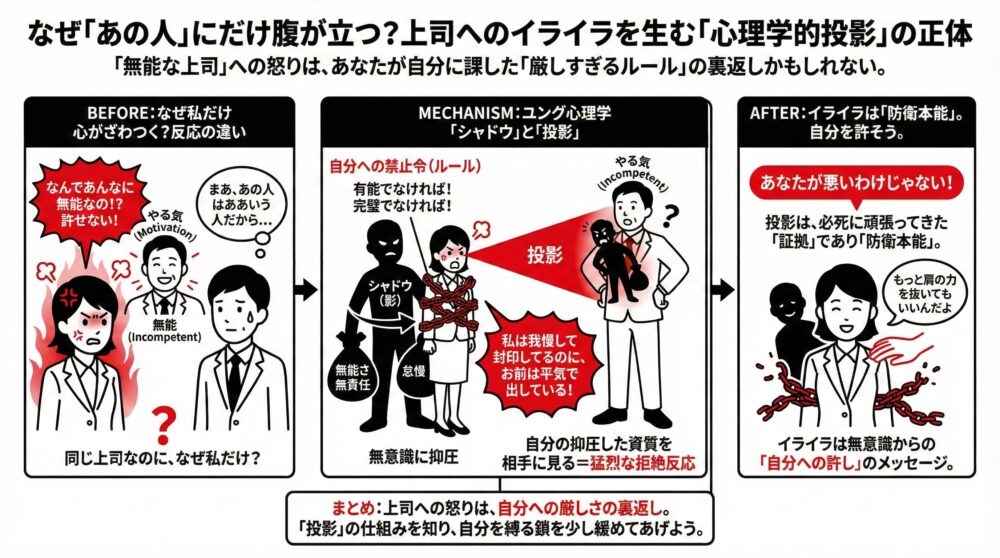 ユング心理学の「シャドウ」と「投影」を基に、無能な上司への激しい怒りの正体を解説した図解。自分に課した「有能であれ」という厳格なルール（禁止令）ゆえに、自分が抑圧している資質を平気で出す相手に拒絶反応が起きるメカニズムを説明し、イライラを「自分への許し」のメッセージとして捉え直すプロセスを描いたイラスト。