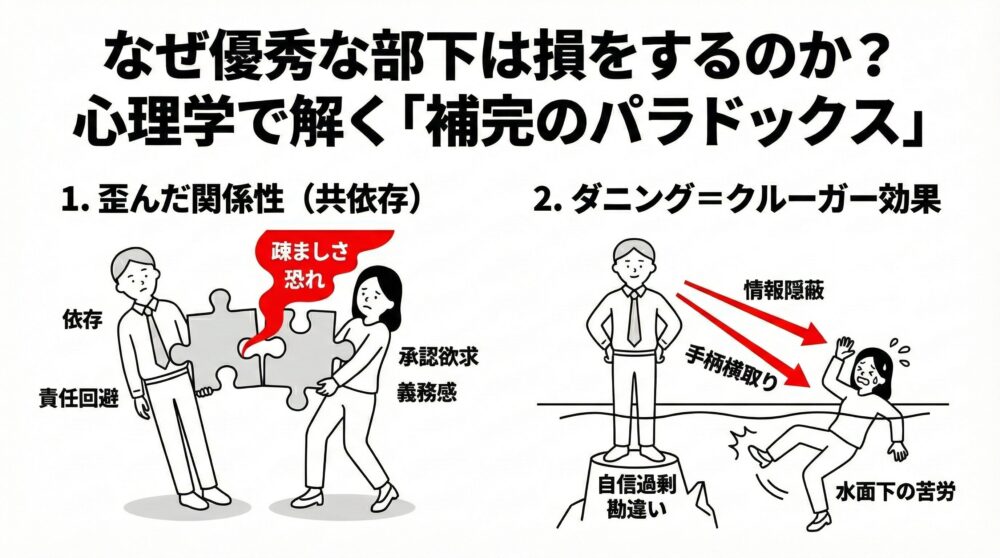 優秀な部下が損をする心理学的メカニズムの図解。1.歪んだ関係性（共依存）として、上司の責任回避と部下の義務感がパズルのように噛み合う危うさを指摘。2.ダニング＝クルーガー効果として、上司の自信過剰が部下の水面下の苦労を隠蔽し、手柄を横取りする構造を解説。