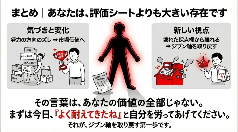 理不尽な評価に悩む人への最終的なメッセージ。努力の方向を市場価値へ向け、壊れた採点機（不当な評価）から離れて自分軸を取り戻す重要性を説く。中心には評価シートより巨大な影を背負う人物が描かれ、自己肯定と自愛を促す一歩を提示。