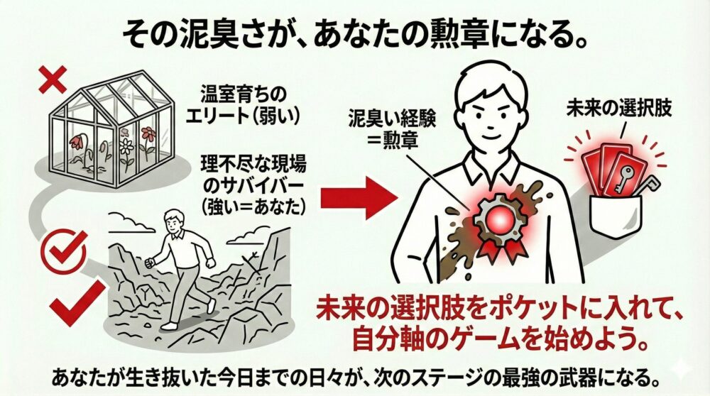 その泥臭さが勲章になる。温室育ちのエリートではなく、理不尽な現場を生き抜いたサバイバーとしての強さを強調。泥臭い経験を勲章（実績）に変え、未来の選択肢をポケットに入れて自分軸のゲームを始めることを促すまとめの図解。