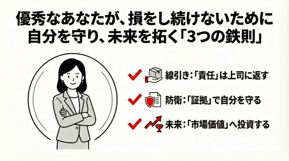 優秀な個人が不当に損をし続けないための「3つの鉄則」を図解。自信に満ちた女性が、1.上司に責任を返す「線引き」、2.証拠で身を守る「防衛」、3.市場価値に投資する「未来を拓く」という具体的な行動指針を提示し、自己防衛とキャリアアップを推奨。