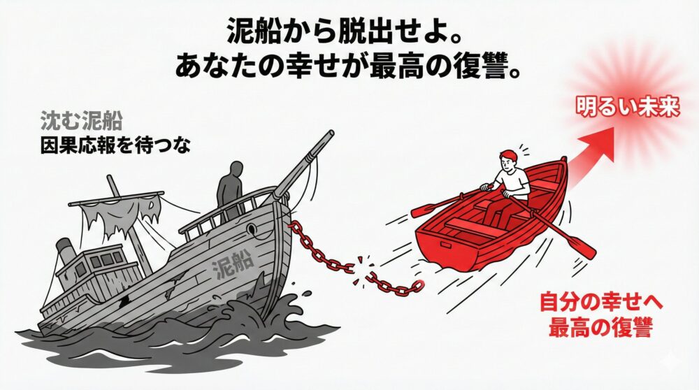 泥船から脱出せよ。あなたの幸せが最高の復讐。沈む泥船と鎖を切り、赤いボートで明るい未来へ漕ぎ出す人のイラスト。自分の幸せに集中することを促すまとめ図解。