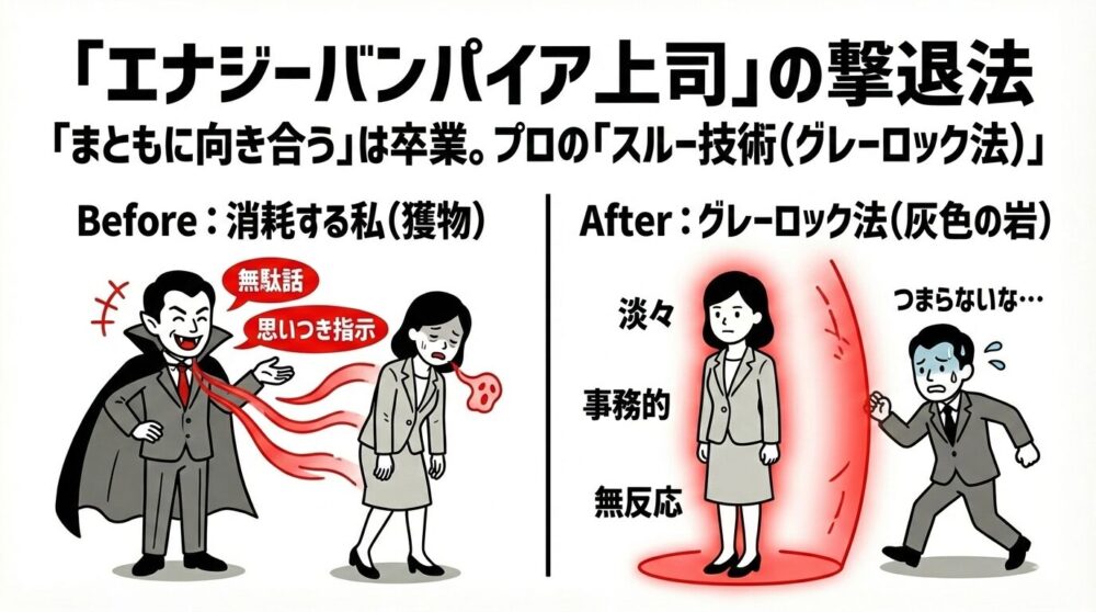 エナジーバンパイア上司から身を守る「グレーロック法（灰色の岩）」の解説図解。無駄話や思いつきの指示で部下を消耗させる上司（Before）に対し、淡々と、事務的に、無反応を貫くことで相手を退屈させ、ターゲットから外れるプロの「スルー技術」を解説。