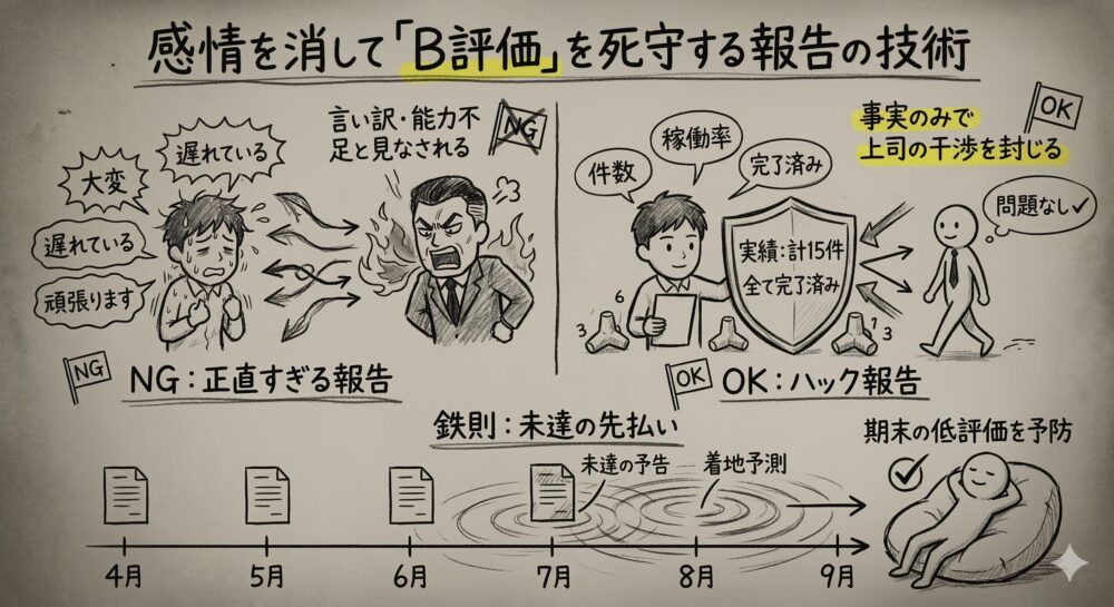 感情を消してB評価を死守する報告の技術を解説した図解。感情的な正直すぎる報告をNGとし、事実のみで上司の干渉を封じるハック報告を推奨する比較イラスト。未達の先払いを鉄則とし、期末の低評価を予防して着実に着地させるための時系列戦略を描写。